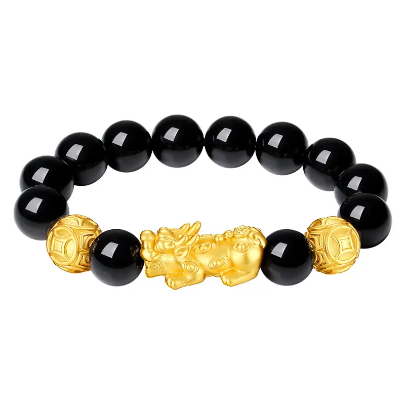 999 Pure Silver Fortune Pixiu Bracelet Natural Obsidian Men's Beaded Bracelet