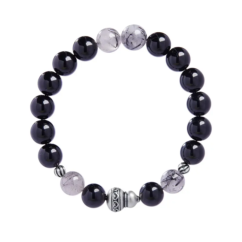 Pure silver 999 natural obsidian gourd bracelet black hair crystal beaded bracelet men's retro simple high-end jewelry