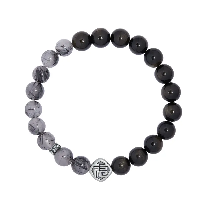 999 Silver Gold Obsidian Black Hair Quartz Beaded Bracelet for Men High-end Jewelry