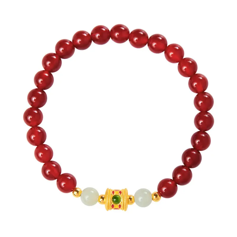 999 Pure Gold Hetian Jade Red Agate Beaded Bracelet for Women New Chinese Style Fortune Beads High-end Zodiac Year Bracelet