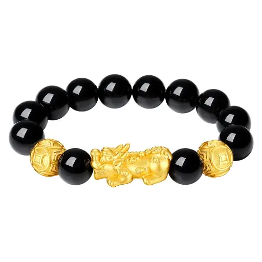 999 Pure Silver Fortune Pixiu Bracelet Natural Obsidian Men's Beaded Bracelet