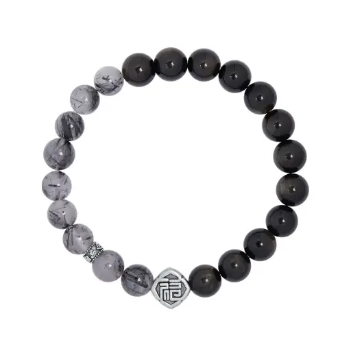 999 Silver Gold Obsidian Black Hair Quartz Beaded Bracelet for Men High-end Jewelry