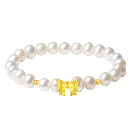 Pure gold 999 princess at large bow bracelet natural freshwater pearl bracelet hard gold 520 Valentine's Day gift