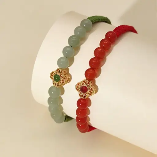 999 Pure Gold Hollow Four-Leaf Clover Bracelet Women's Gold Inlaid Agate Beaded Bracelet New Chinese Style Jewelry